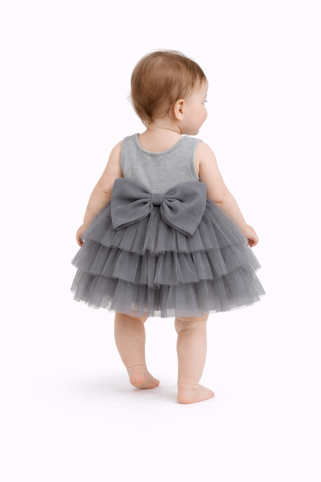 Charcoal Gray Bow Back Tiered Tulle Baby Girl Dress