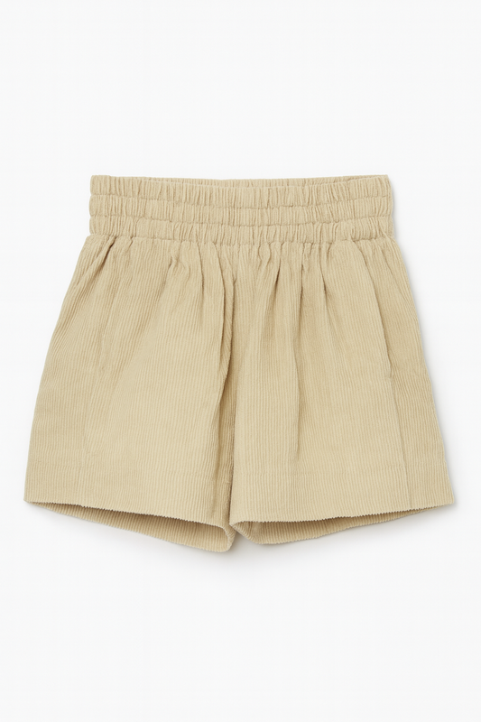 Beige Corduroy Shorts With Elastic Waist