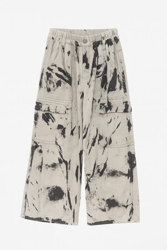 Beige and Black Tie-Dye Cargo Fleece Pant