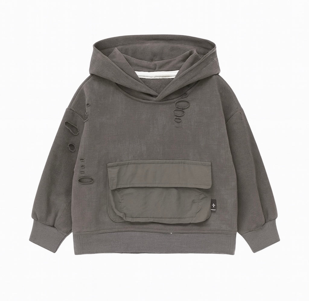 Distressed Gray Hoodie With Oversized Front Pocket