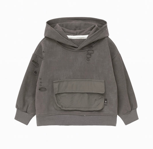 Distressed Gray Hoodie With Oversized Front Pocket