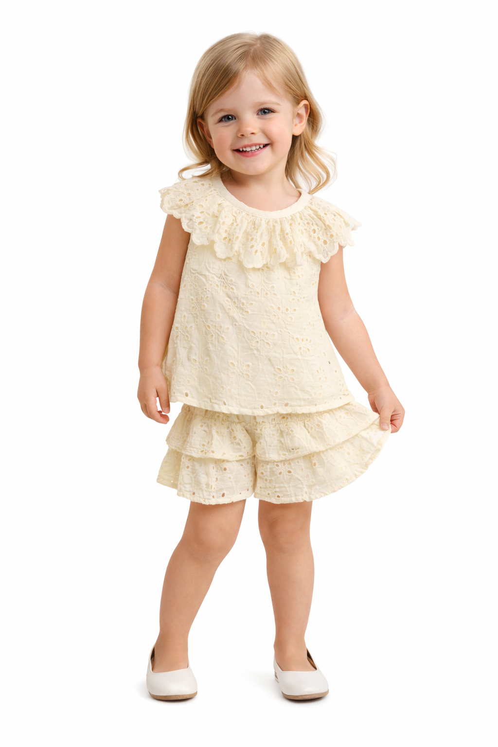 Lace Ruffle Top & Shorts Set – Cream
