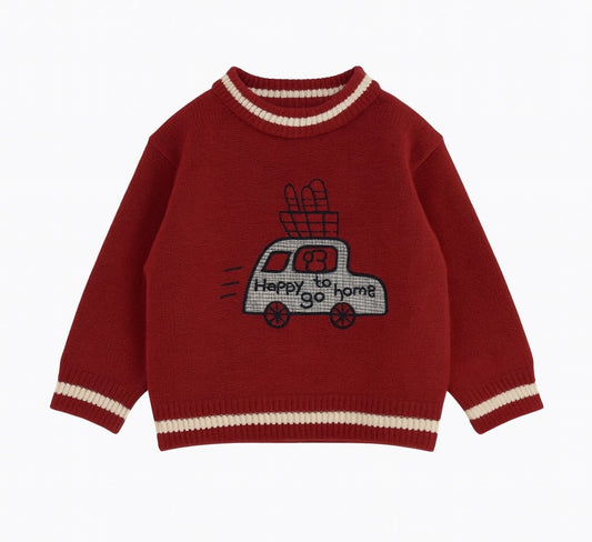 Red Knit Sweater With Car & Baguette