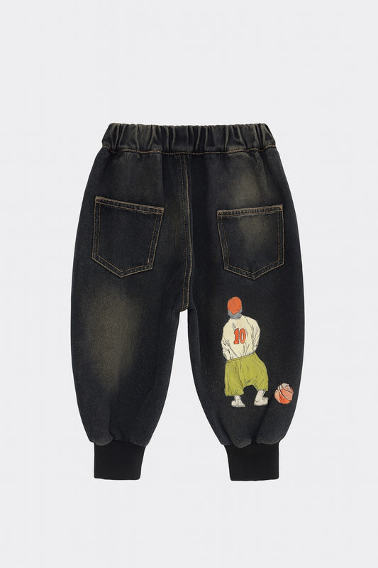 Dark-wash Denim Joggers with Basketball