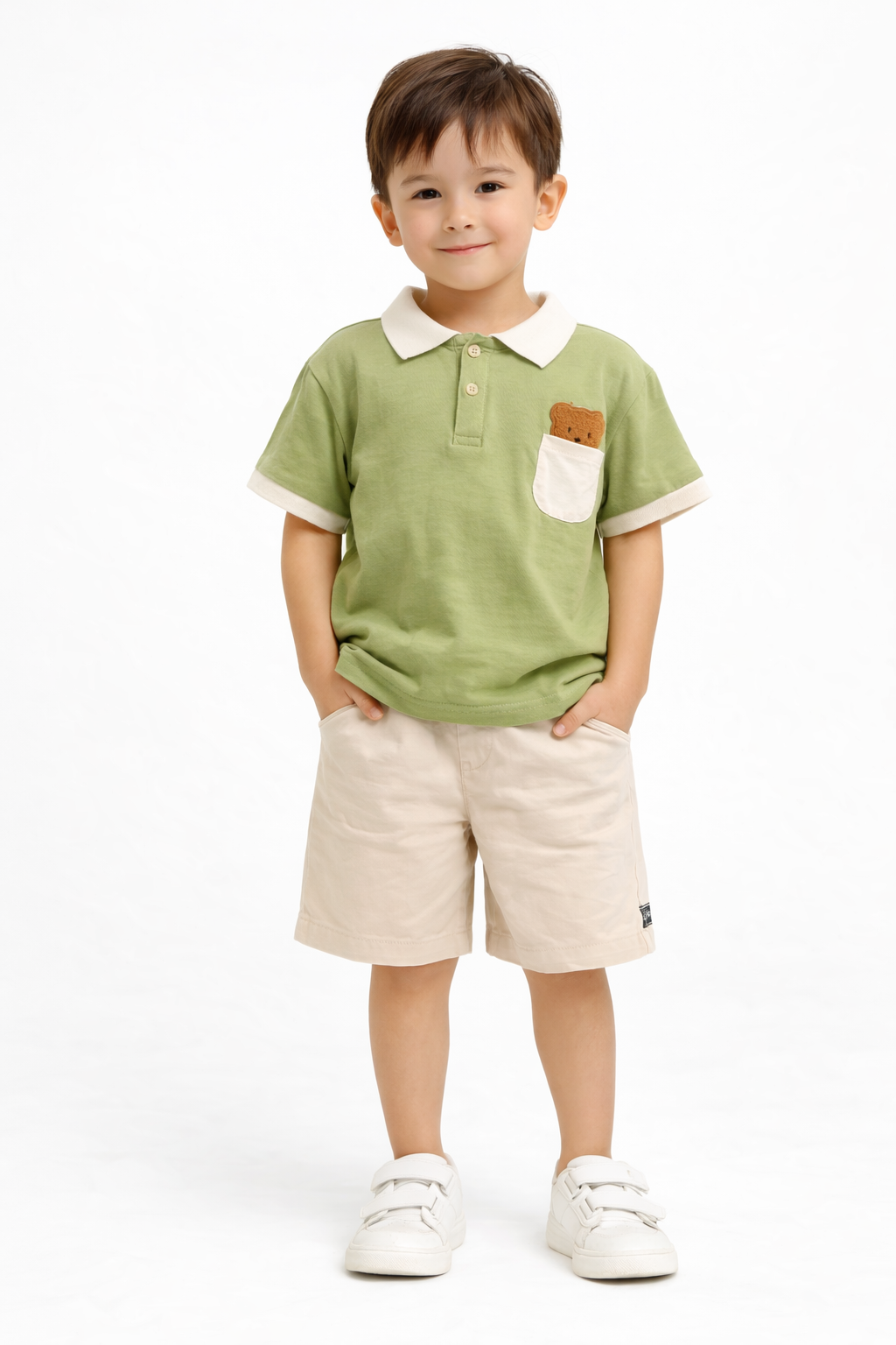 Green Polo T-Shirt with Bear Pocket & Beige Shorts Set