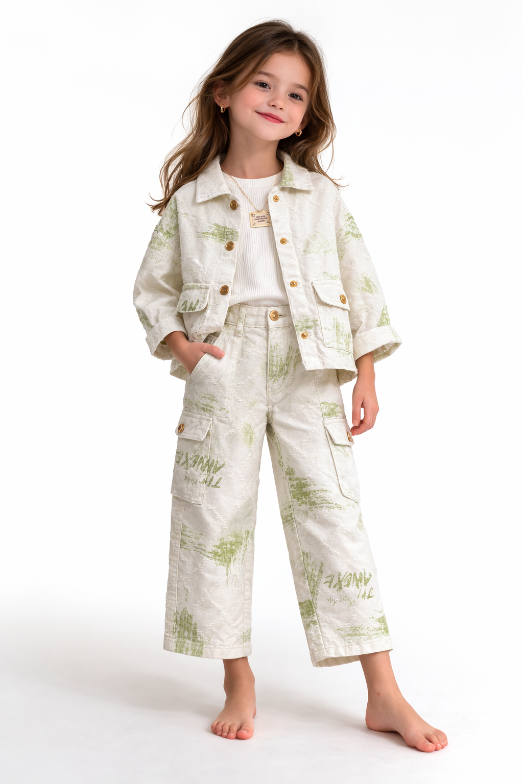 Printed Utility Jacket & Cargo Pants Set – Cream Green