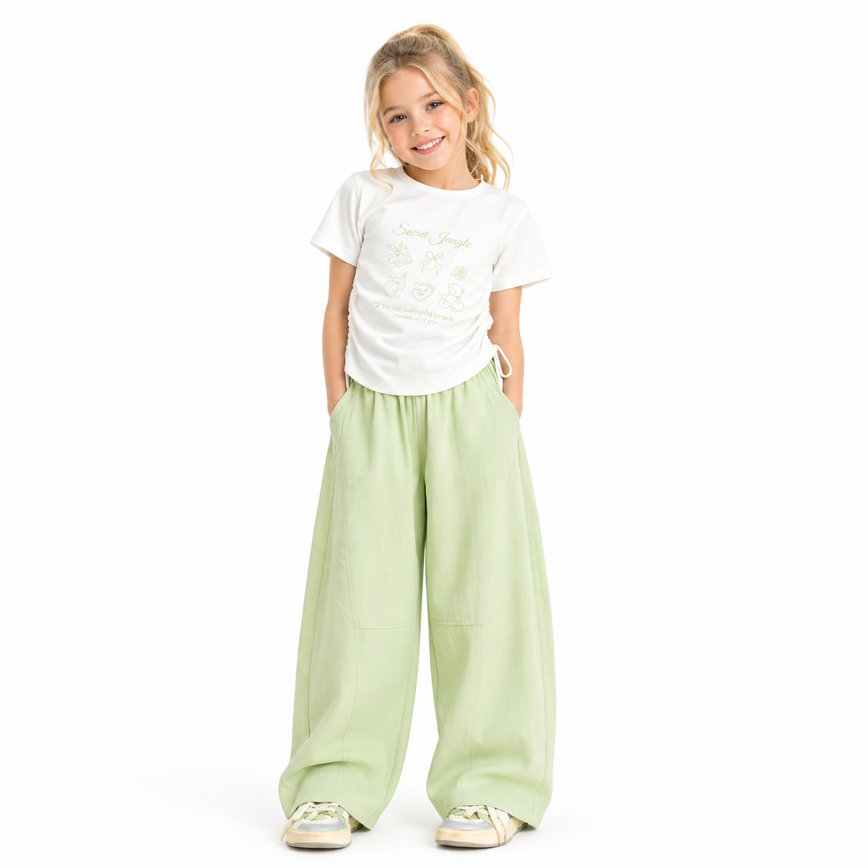 Green Casual Graphic Tee & Wide-Leg Pants Set
