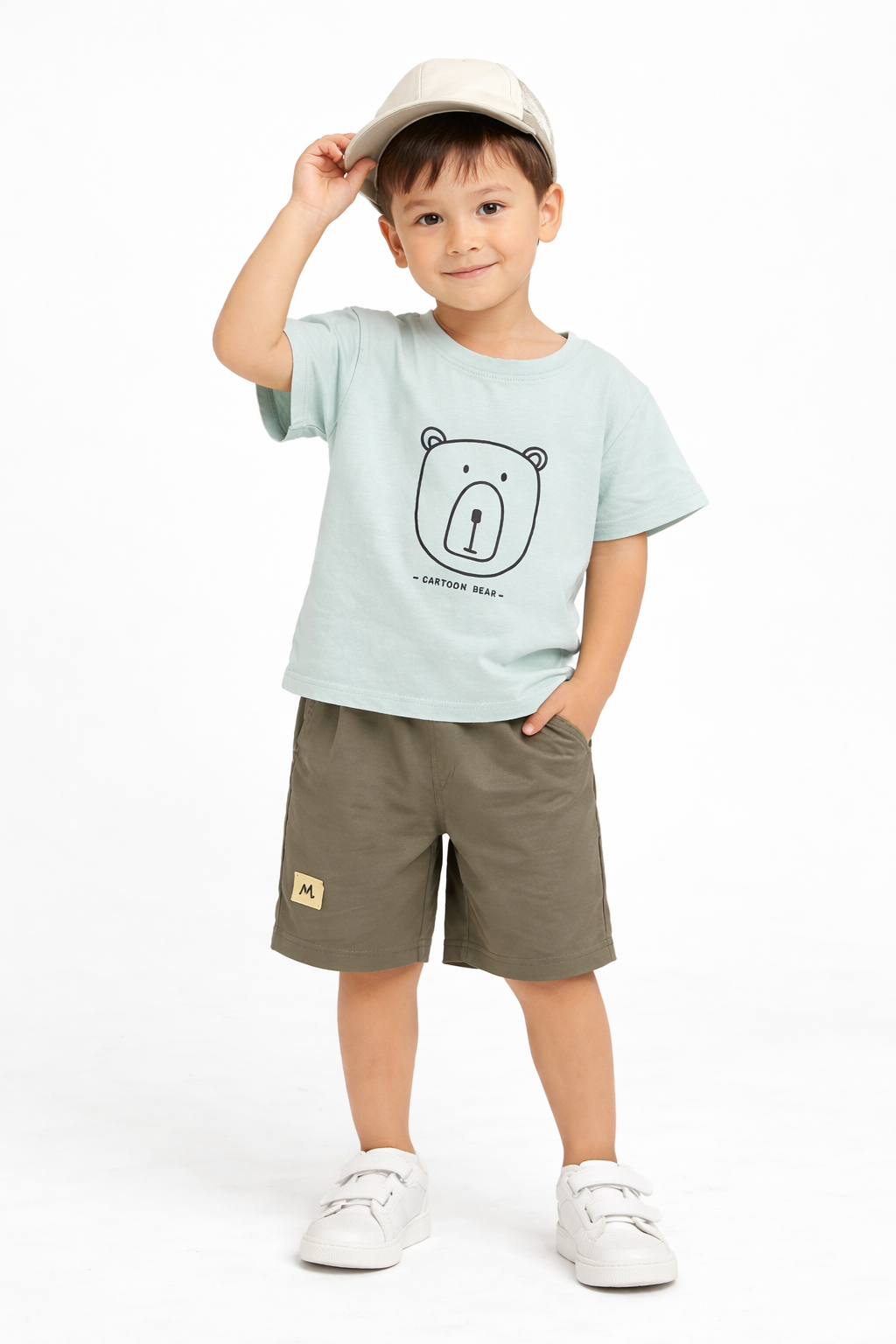 Cartoon Bear Print T-Shirt & Olive Shorts Set