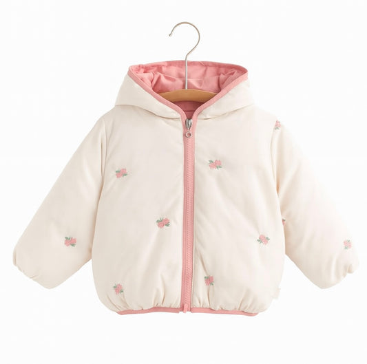 Cream Hooded Puffer Jacket with Pink Floral Embroidery