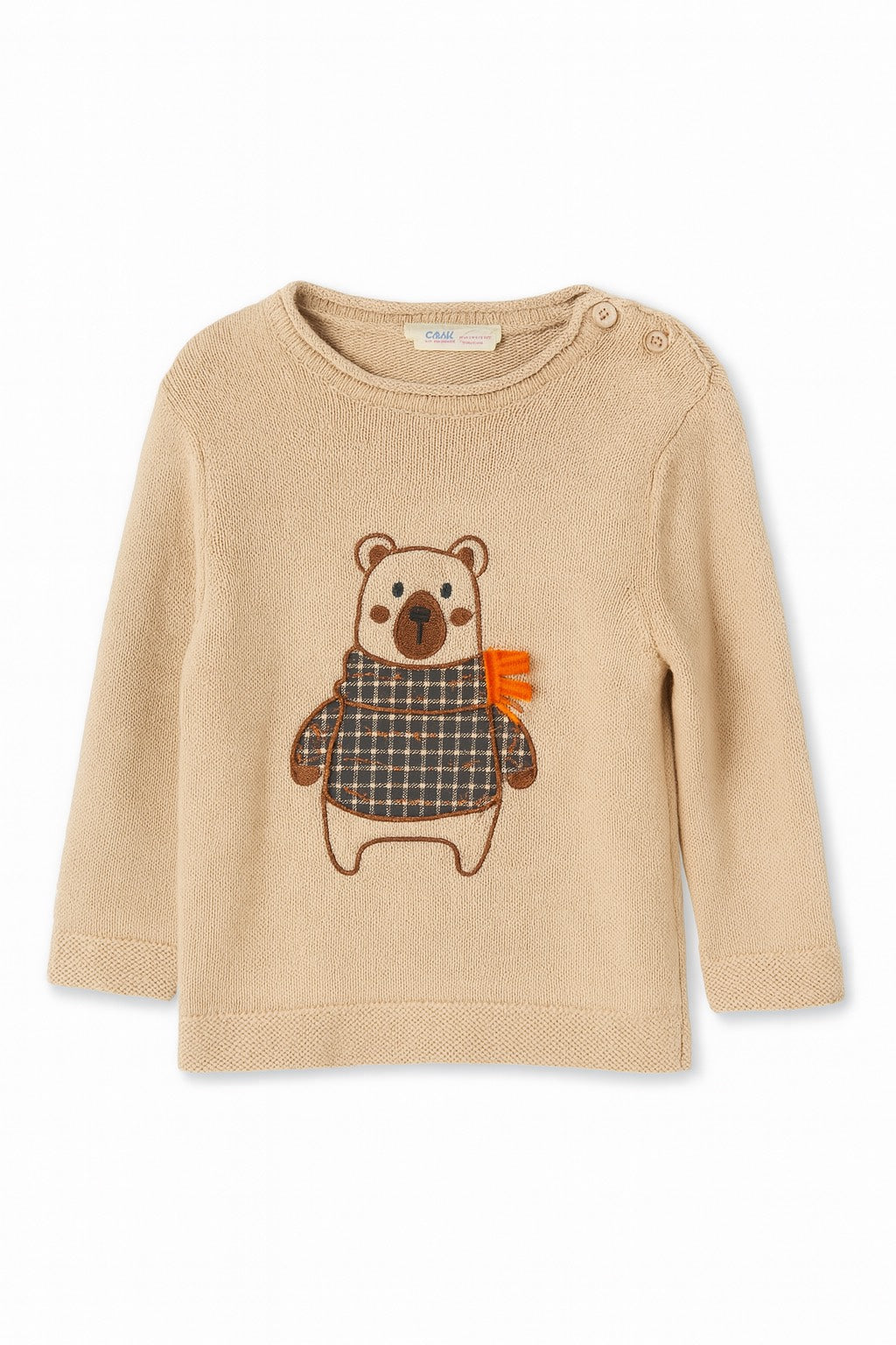 Beige Sweater with Cozy Plaid Bear