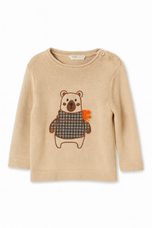 Beige Sweater with Cozy Plaid Bear