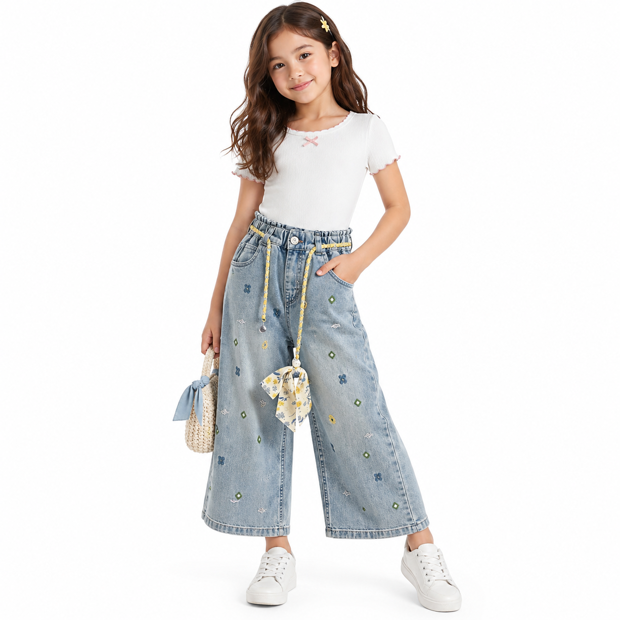 Girls Floral Embroidered Denim Culottes