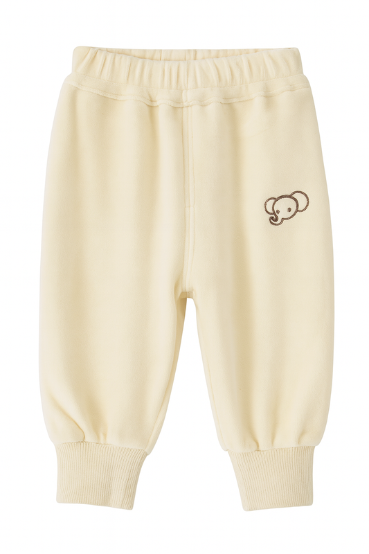 Warm Cream Fleece Jogger Pants with Bear Embroidery