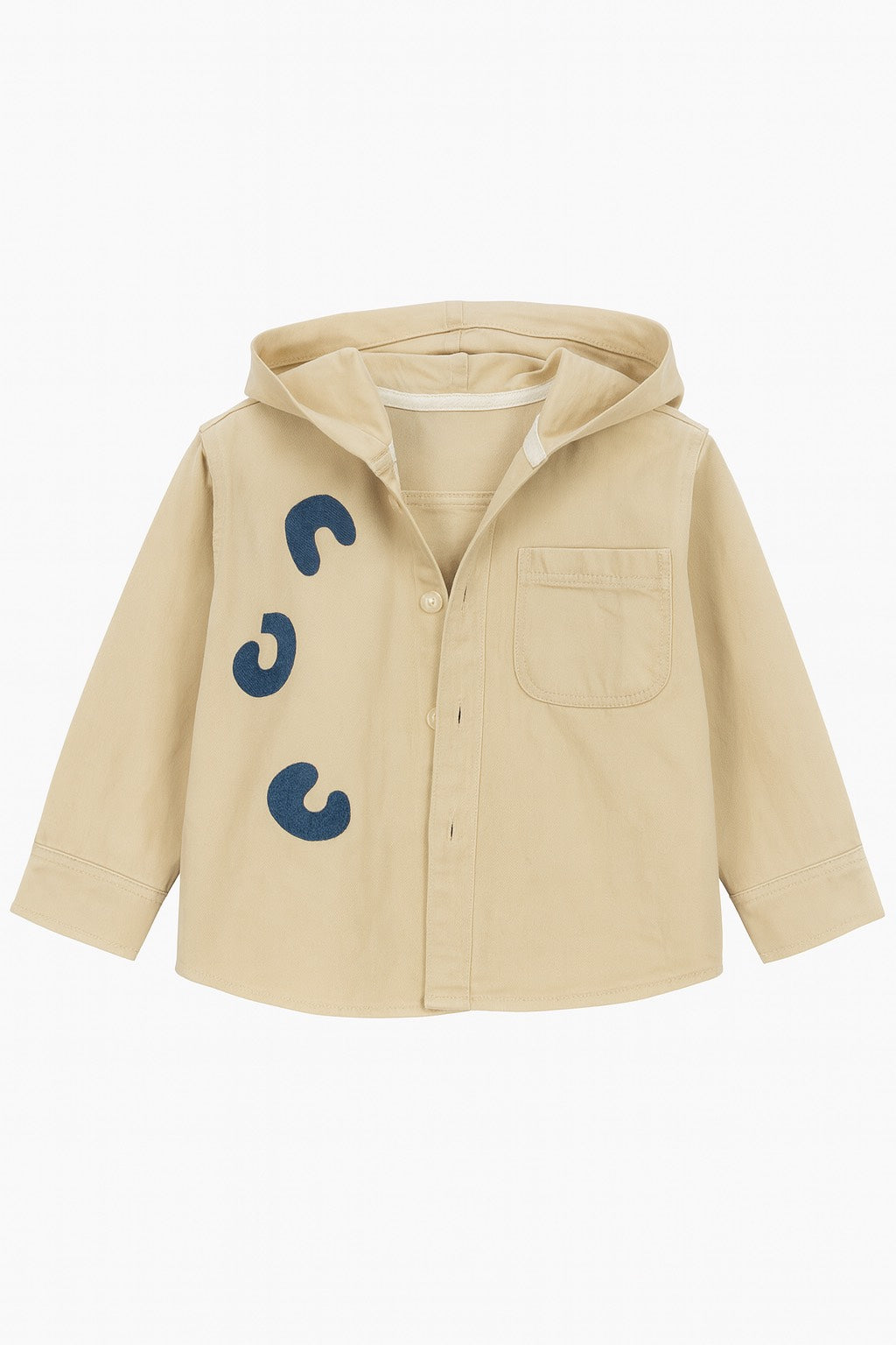Beige Hooded Shirt with Blue Abstract Applique