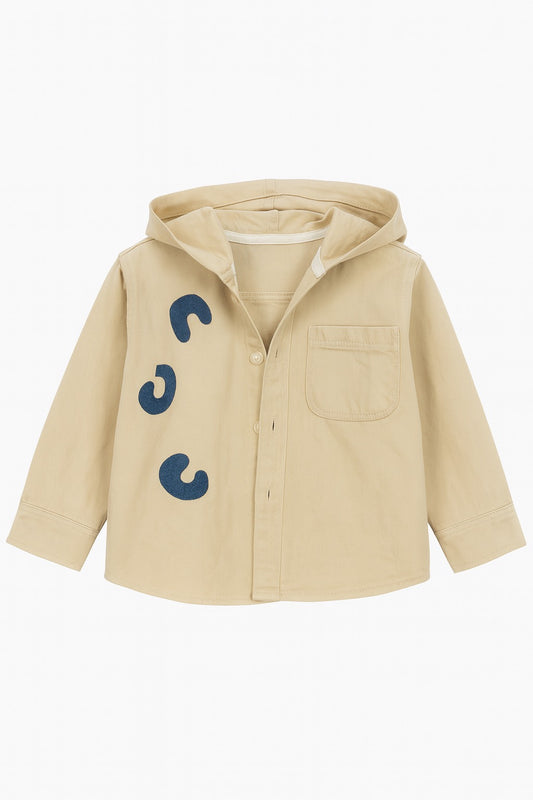 Beige Hooded Shirt with Blue Abstract Applique