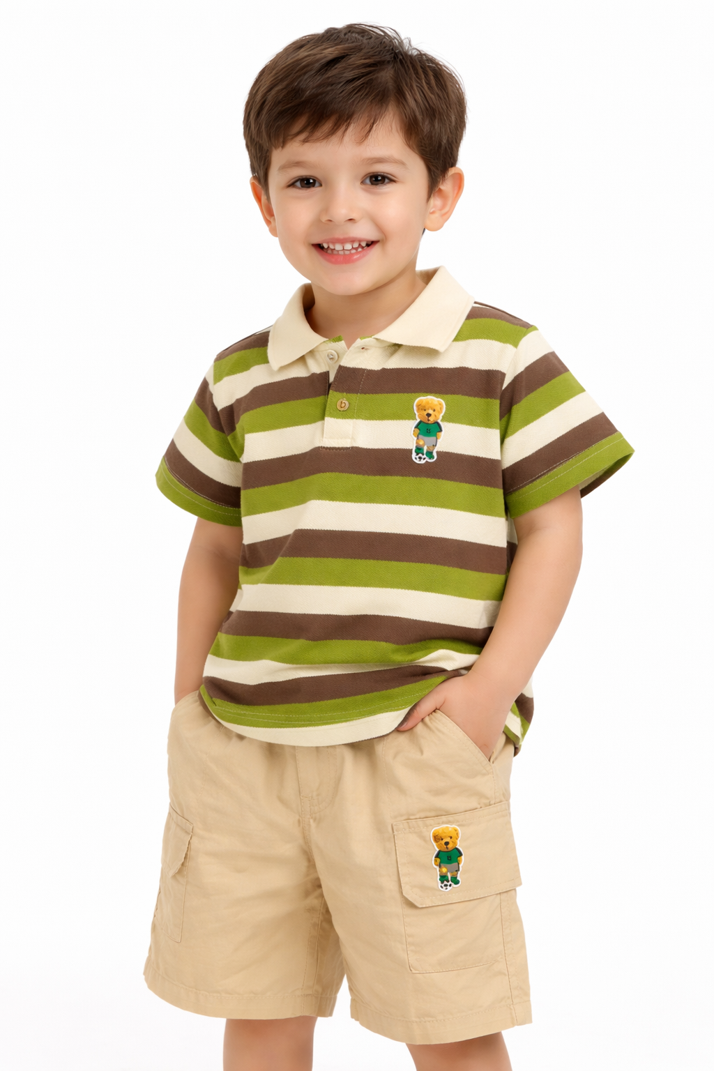 Boys’ Brown & Green Striped Polo T-Shirt & Beige Shorts Set
