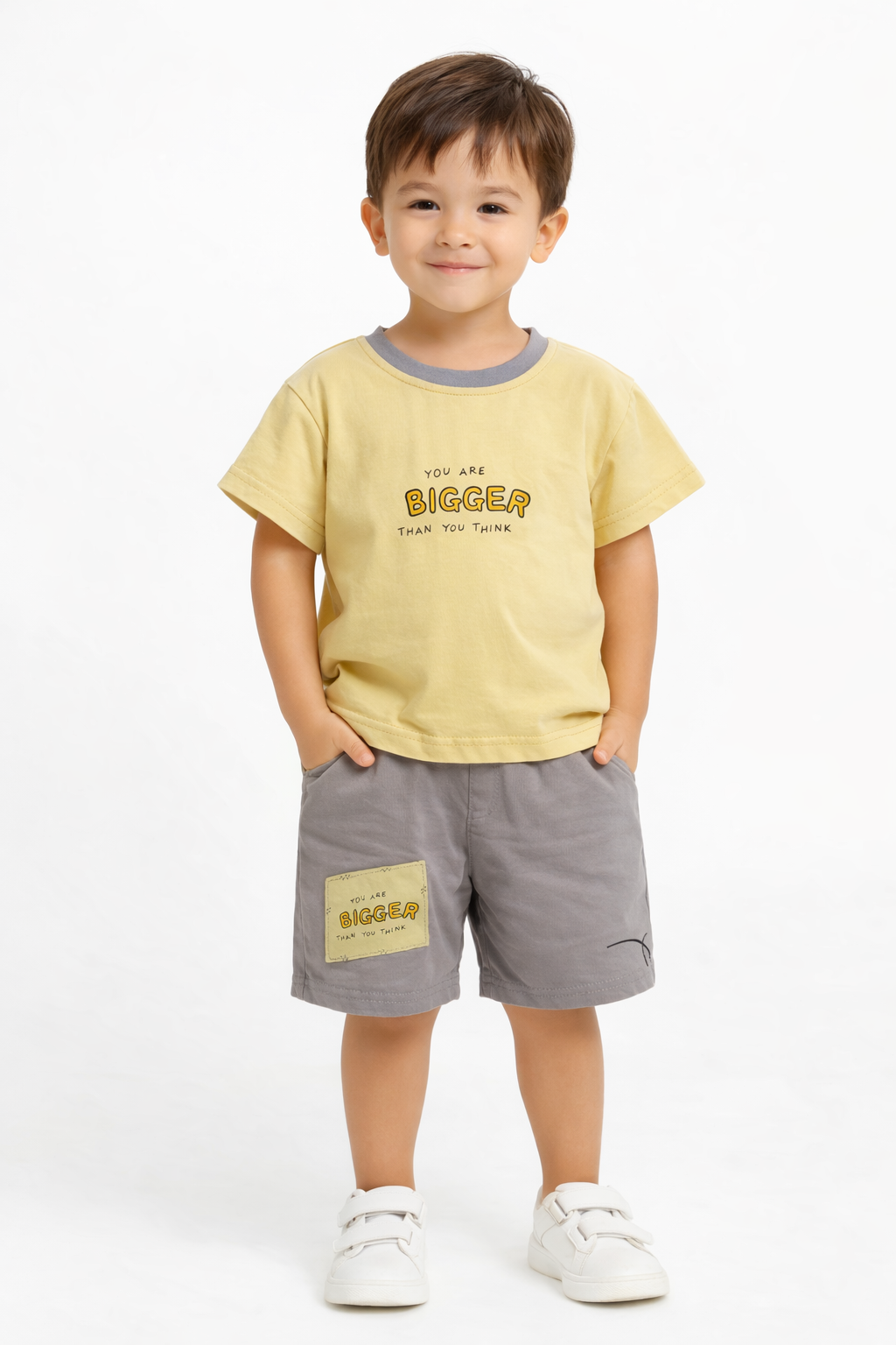 Yellow Tee & Grey Shorts Set