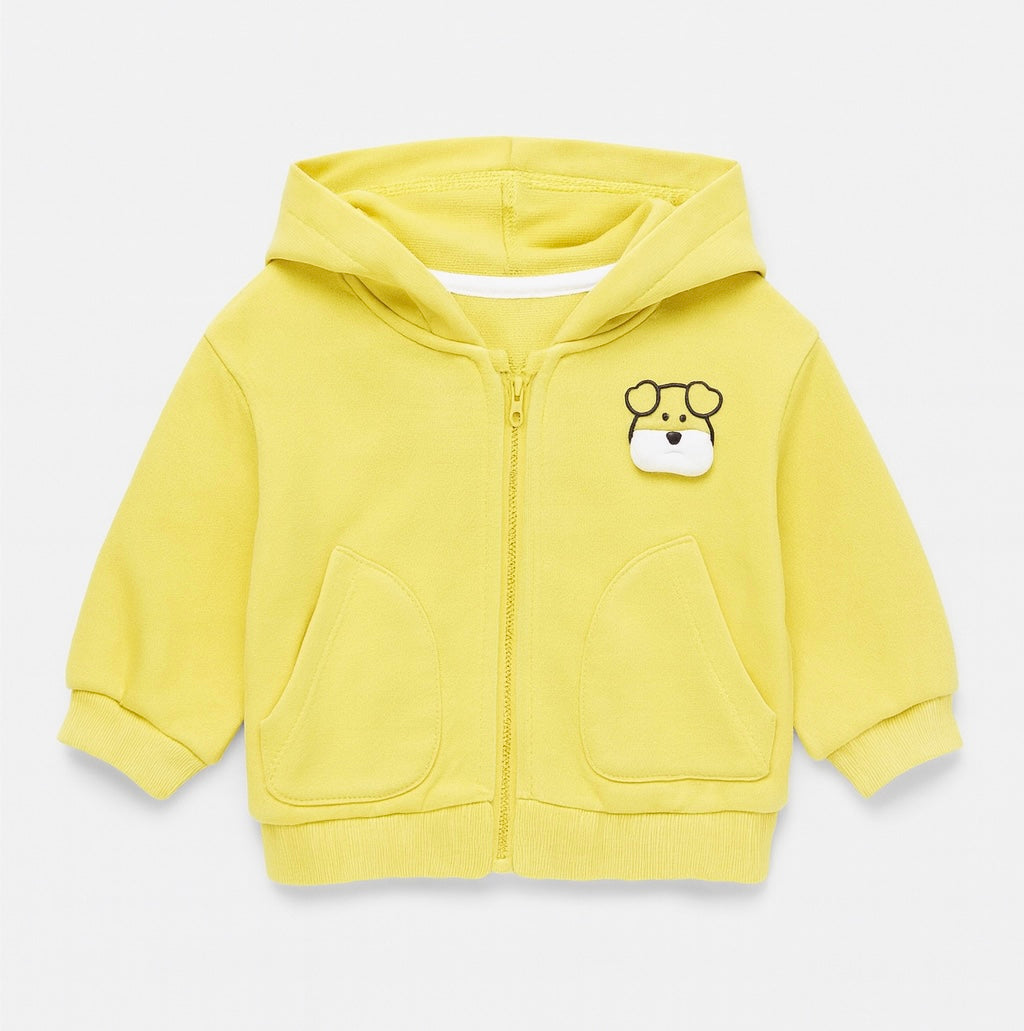 Yellow Hooded Jacket With Cute Dog Patch