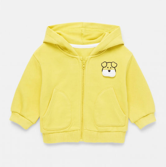 Yellow Hooded Jacket With Cute Dog Patch