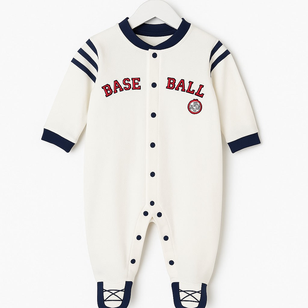 White Baseball-Themed Baby Romper