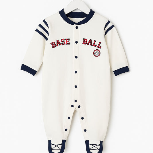 White Baseball-Themed Baby Romper