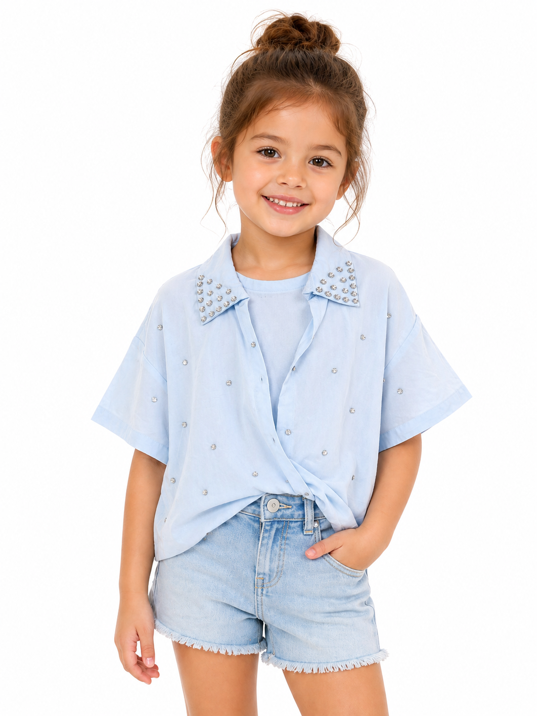 Blue Studded Collar Crop Shirt