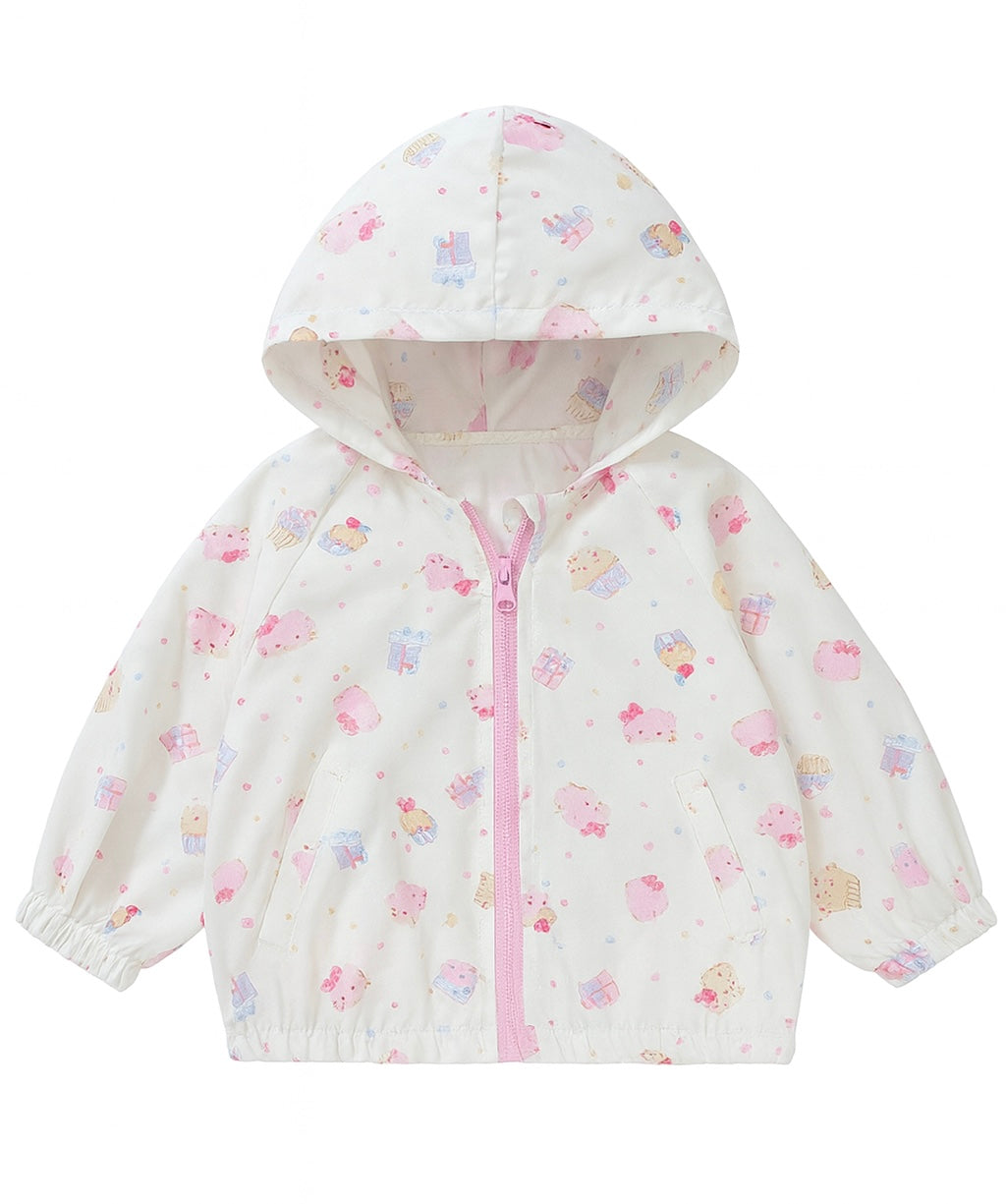 White Hooded Zip-Up Jacket with Pastel Pink