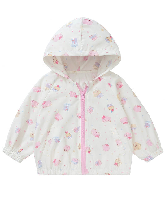 White Hooded Zip-Up Jacket with Pastel Pink
