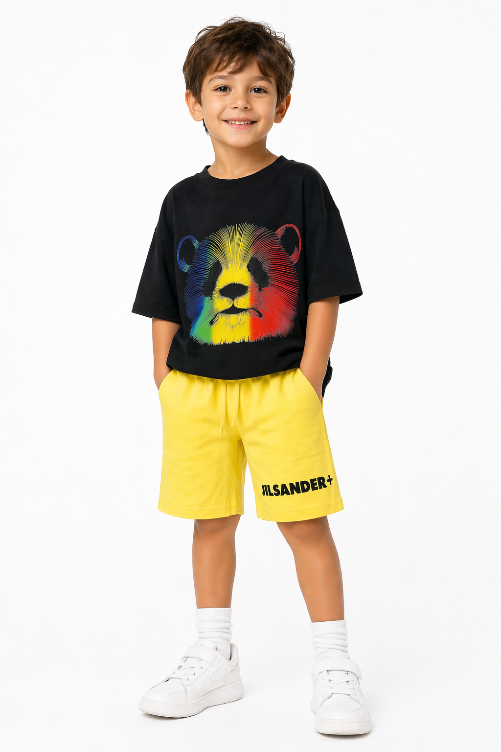 Black Rainbow Panda Graphic Tee & Yellow Shorts Set