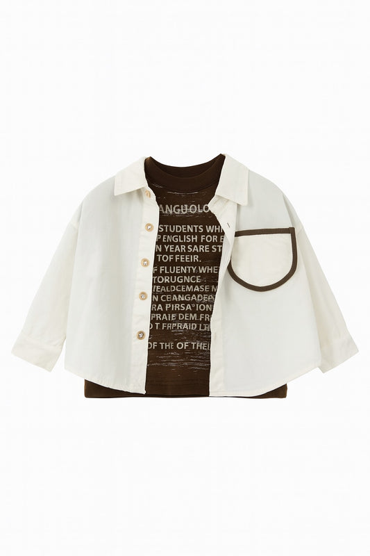 Two Piece Set: Cream Button-Up Shirt & Brown Graphic Tee