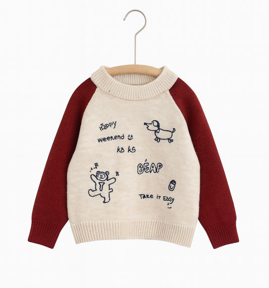 Cream And Maroon Raglan Sweater