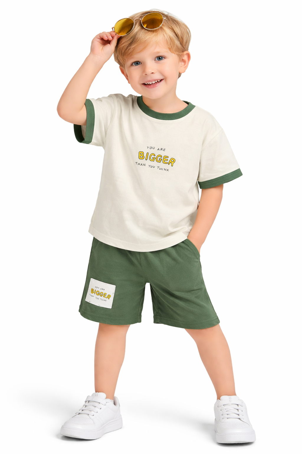 Boys’ “Bigger Than You Think” Tee & Olive Shorts Set