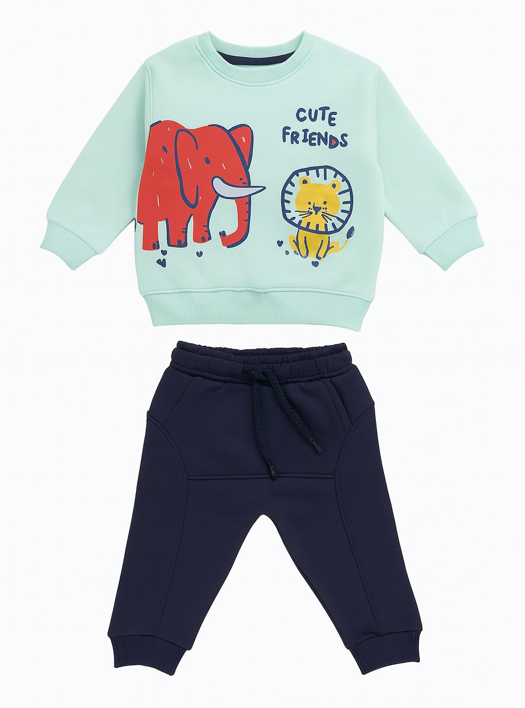 Cute Friends Baby Outfit Set – Mint Green Elephant & Lion Sweatshirt with Navy Pants