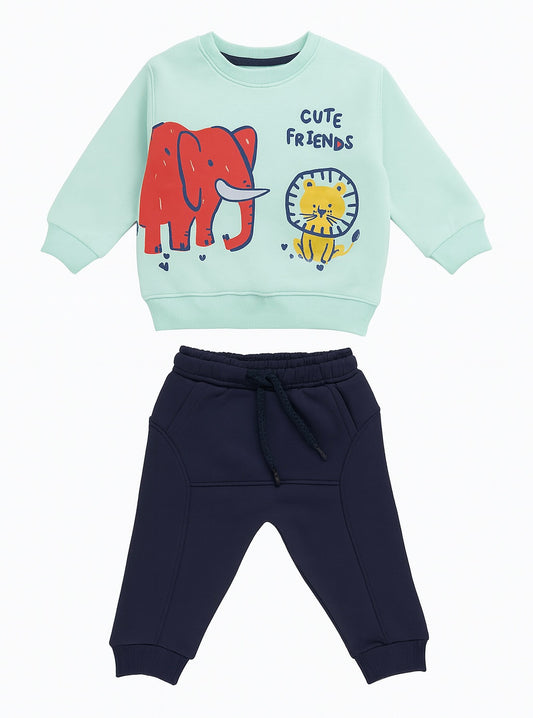 Cute Friends Baby Outfit Set – Mint Green Elephant & Lion Sweatshirt with Navy Pants