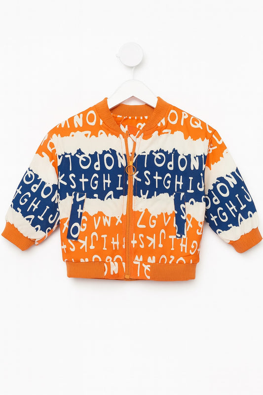 Orange and Blue Alphabet-Print Bomber Jacket