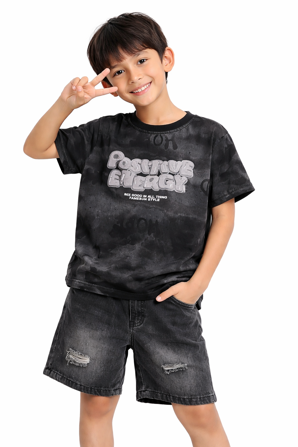 “Positive Energy” T-Shirt & Denim Shorts Set
