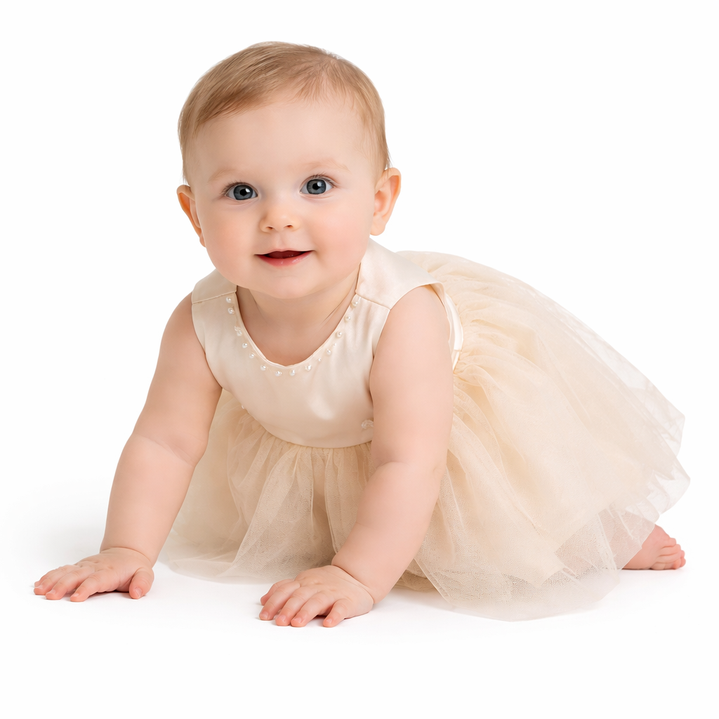 Champagne Elegance Pearl Bow Infant Dress