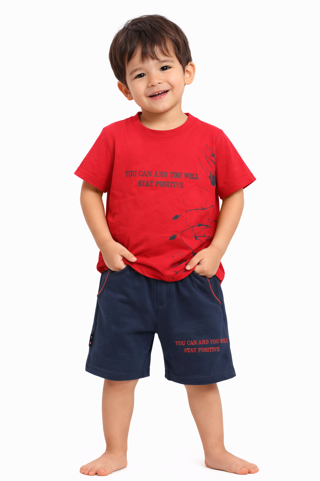 Toddler Red “Stay Positive” T-Shirt & Navy Shorts Set