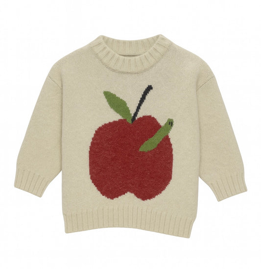 Light Green Knit Sweater With Large Red Apple Design