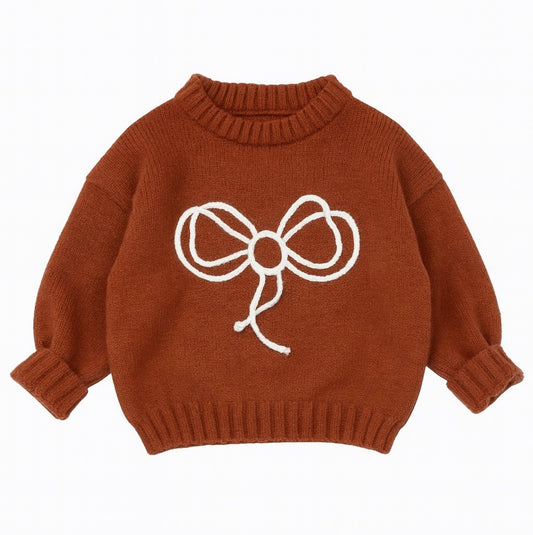 Rust Brown Knit Sweater With White Bow Embroidery