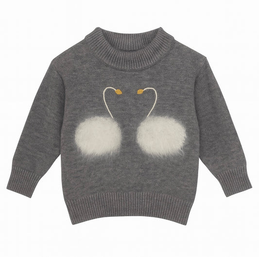 Grey Knit Sweater With Fluffy White Swan Motif