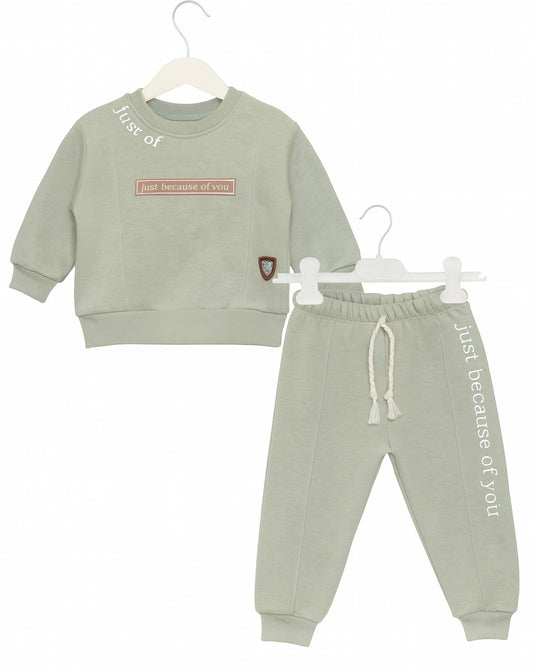 Sage Green Kids’ Sweatshirt and Jogger Set – “Just Because of You” Cozy Outfit