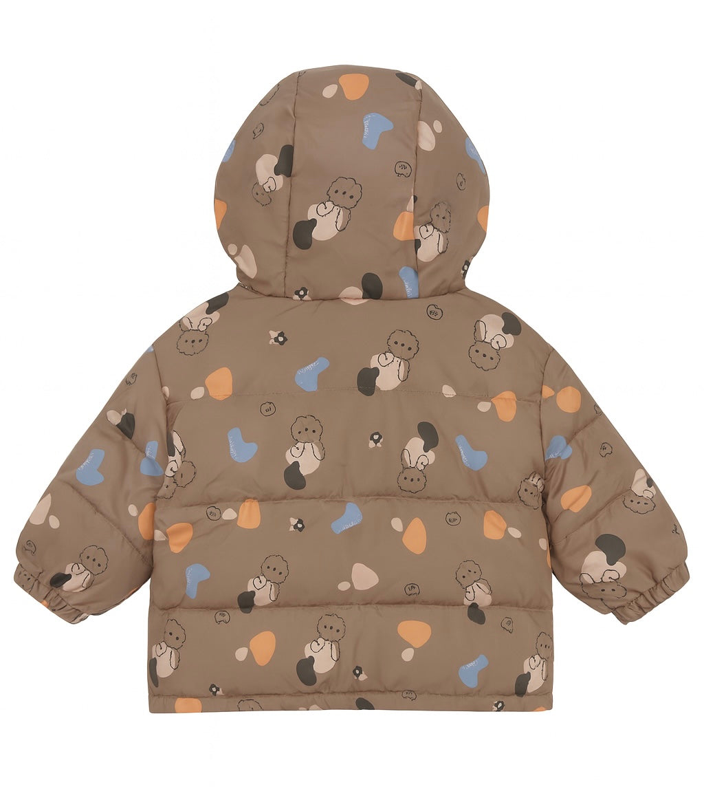 Brown Puffer Jacket With Colorful Heart and bear Print