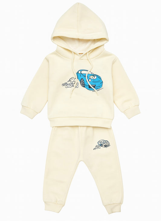 Cream Baby Hoodie and Jogger Set with Blue Car Graphic Print