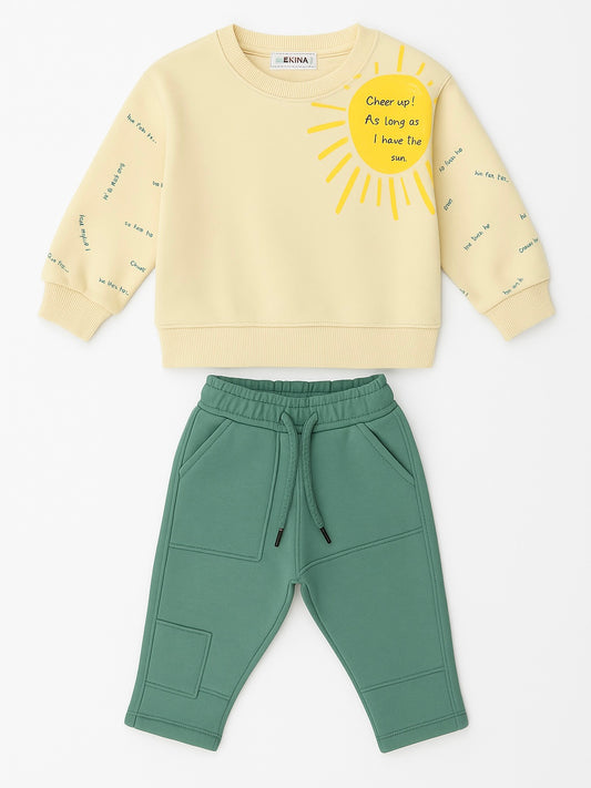 Sunny Day Kids Outfit – Cream Sweatshirt & Sage Green Joggers Set