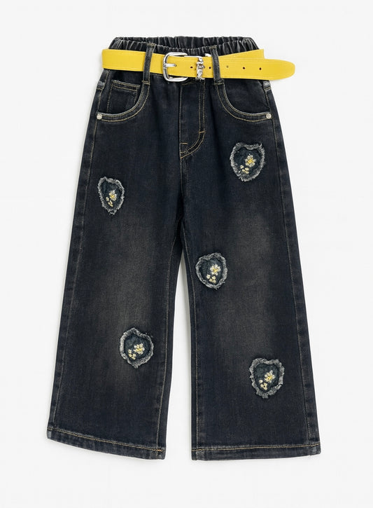 Denim Jeans with Heart Patchwork
