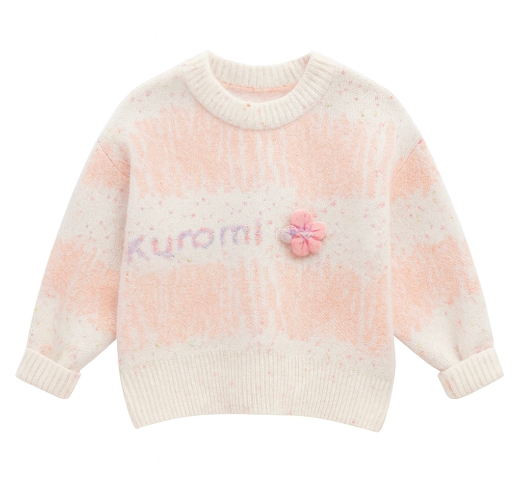 Knitted Sweater – Peach & White Pastel with Flower Patch