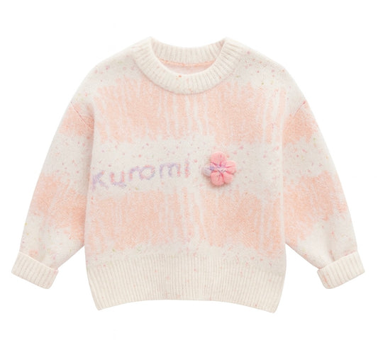 Knitted Sweater – Peach & White Pastel with Flower Patch