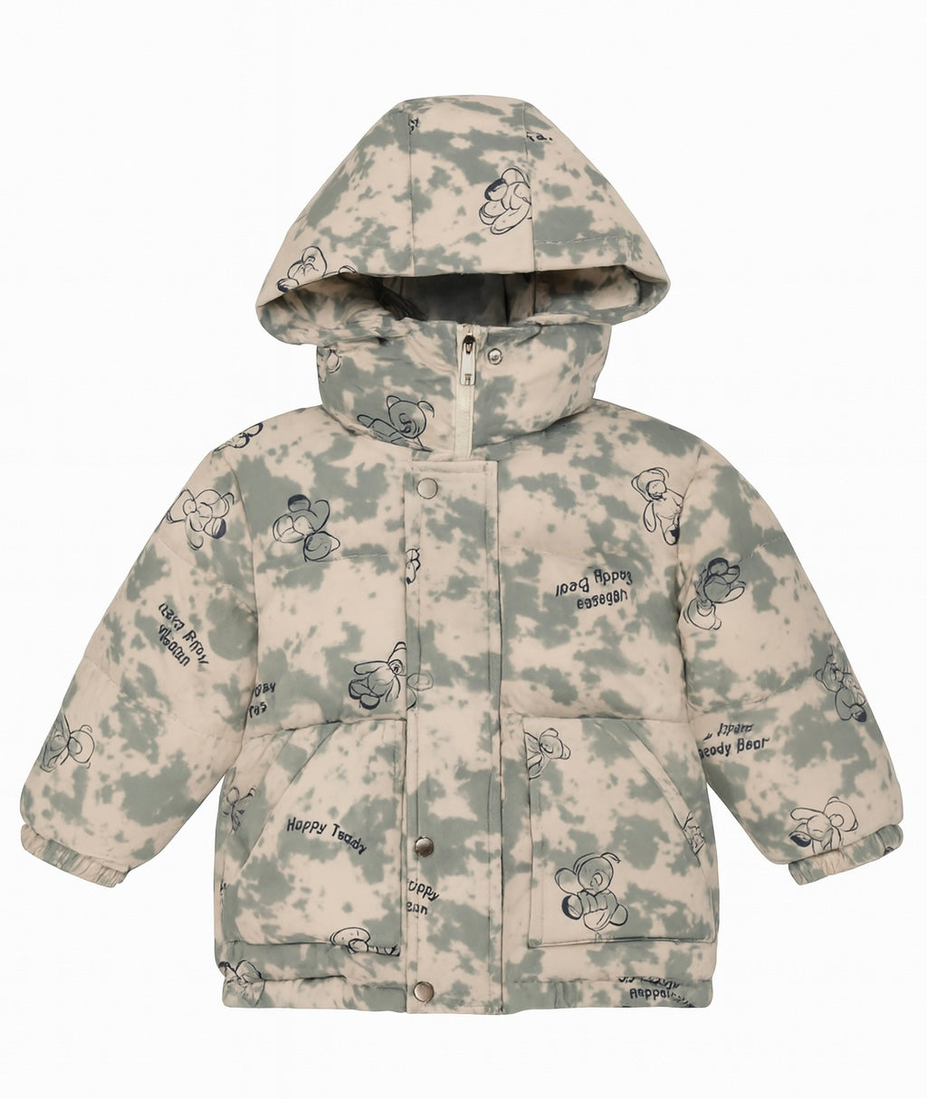 Kids' Puffer Jacket With Green Tie-Dye and Teddy Bear Print