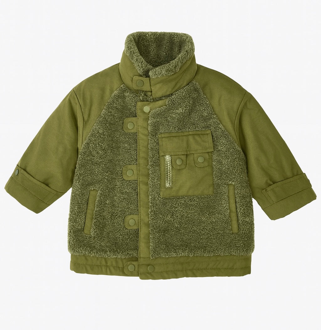 Olive Green Sherpa-Lined Winter Jacket With Front Pocket
